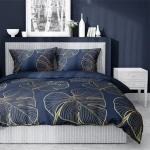 Pościel satynowa 160x200 3993 B granatowa złota liście z jedną poszewką Home Satin 78