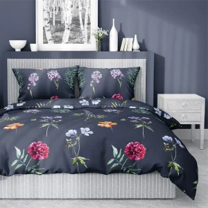 Pościel satynowa 160x200 Kwiaty granatowa kolorowa 4040 A Home Satin 120