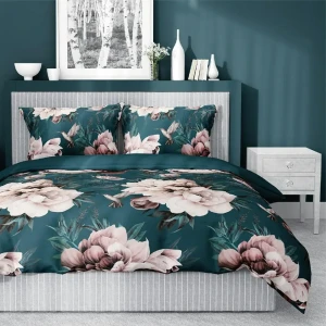 Pościel satynowa 160x200 zielona ciemna kwiaty 4202 A Home Satin 08